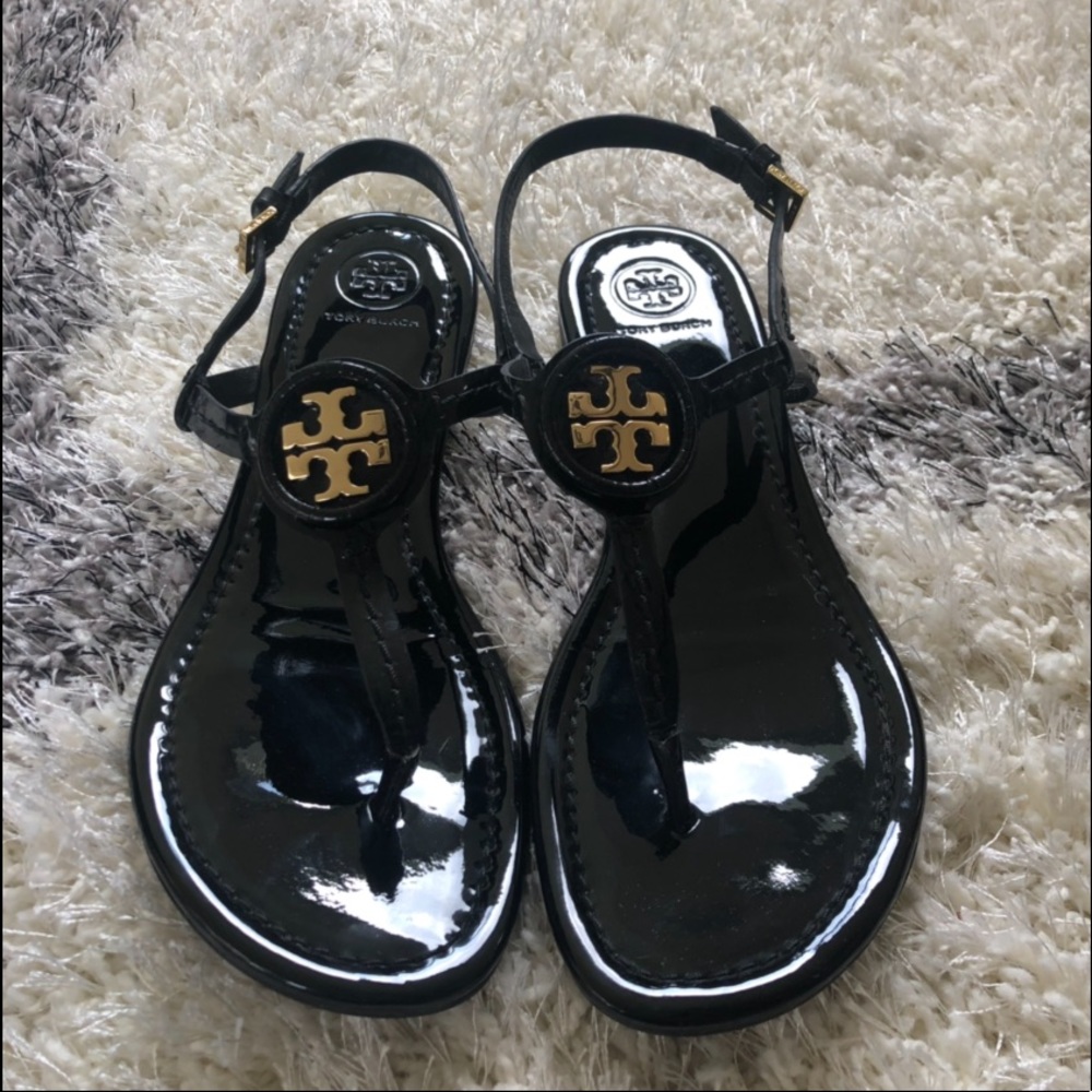 Tory Burch Dillan patent black sandals